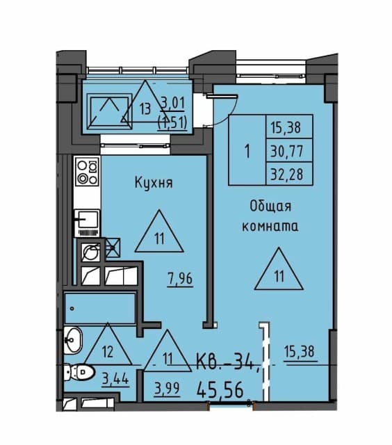 1 комн., 36 м², Монолитно-каркасный, Залог 4