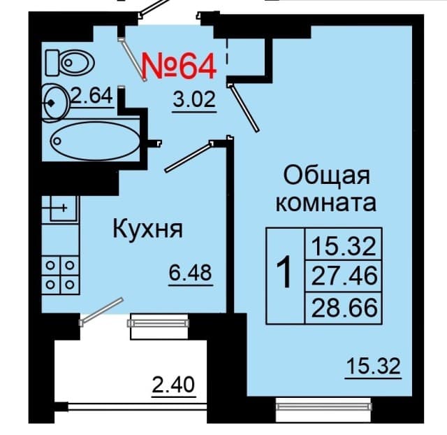 1 комн., 28 м², Монолитно-каркасный, Глазная больница 9