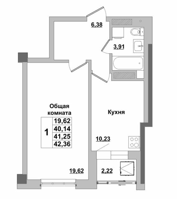 1 комн., 42 м², Монолитно-каркасный, Автодорожная