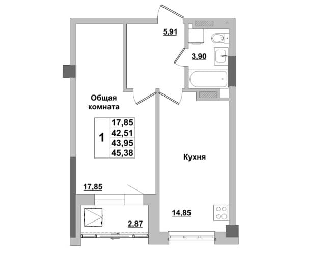 1 комн., 45 м², Монолитно-каркасный, Автодорожная