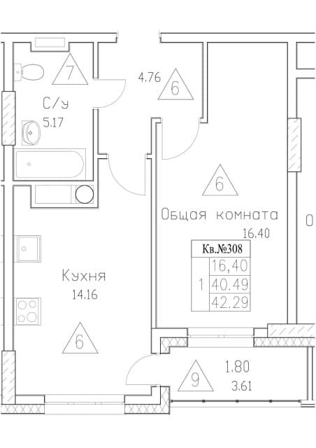 1 комн., 42 м², Монолитно-каркасный, Автодорожная 3