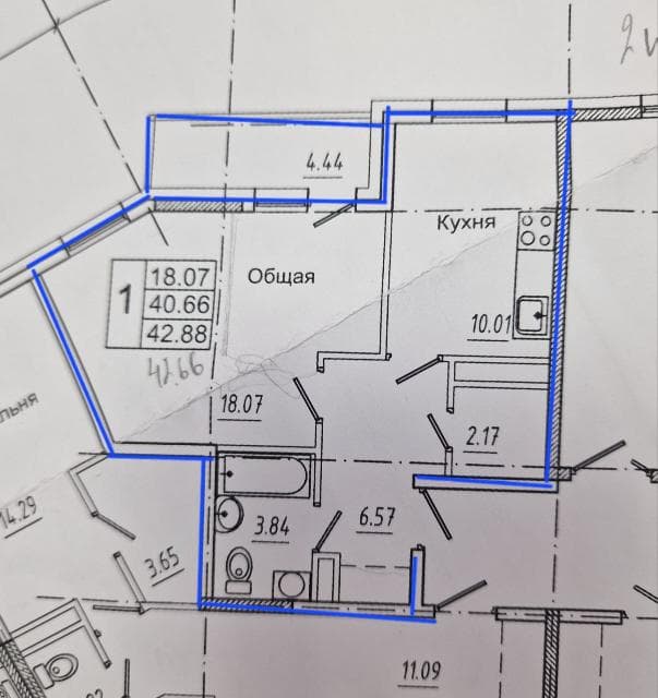 1 комн., 43 м², Монолитно-каркасный, Сайсары 3
