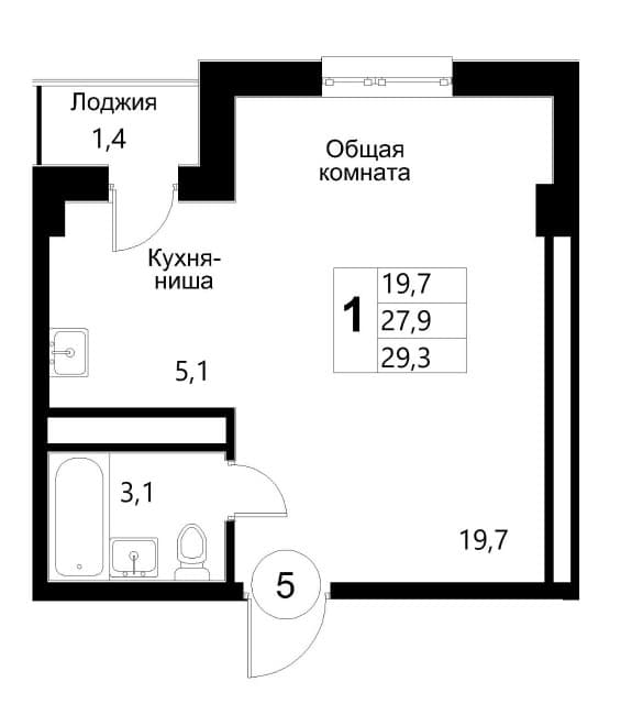 1 комн., 31 м², Монолитно-каркасный 3