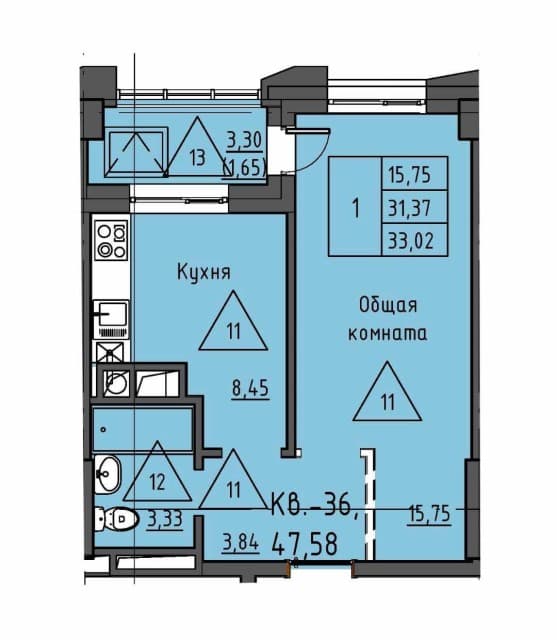 1 комн., 36 м², Монолитно-каркасный, Залог