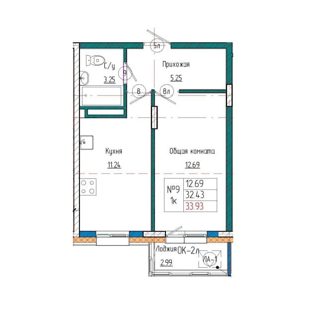 1 комн., 34 м², Монолитно-каркасный, Авиапорт