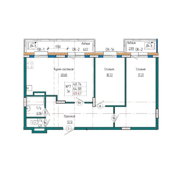 3 комн., 65 м², Монолитно-каркасный, Авиапорт