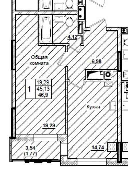 1 комн., 47 м², Монолитно-каркасный, Вилюйский тракт 2