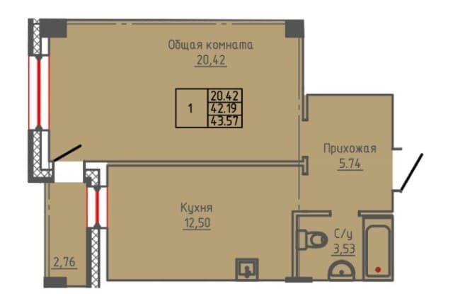 1 комн., 43 м², Монолитно-каркасный, Крестьянский рынок, стадион "Туймаада" 6