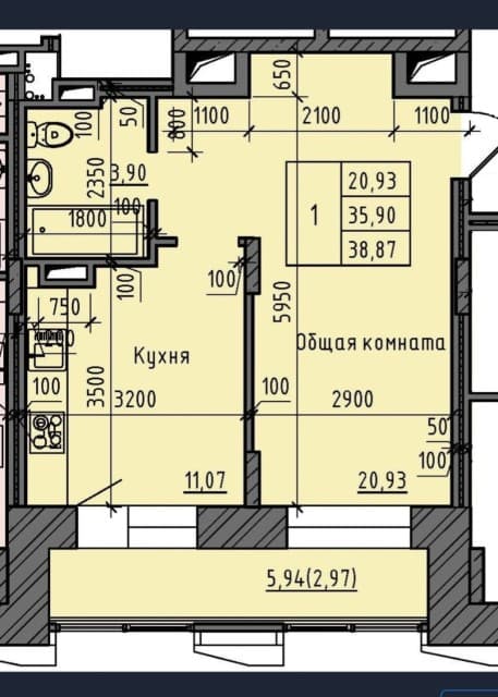 1 комн., 38 м², Инд. планировка, Залог 2