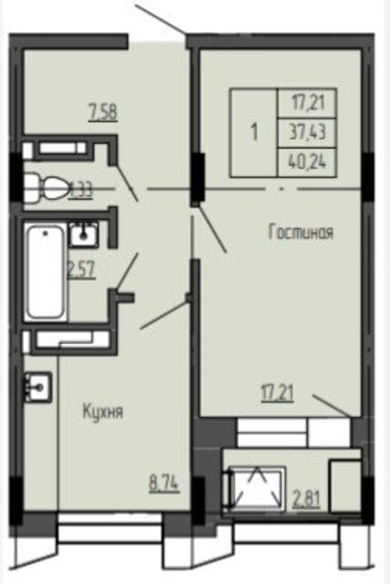 1 комн., 40 м², Монолитно-каркасный, Залог 4