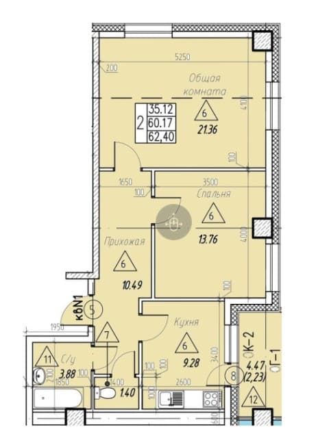 2 комн., 60 м², Монолитно-каркасный, Глазная больница