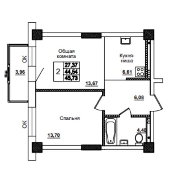 2 комн., 44 м², Монолитно-каркасный, Вилюйский тракт 3