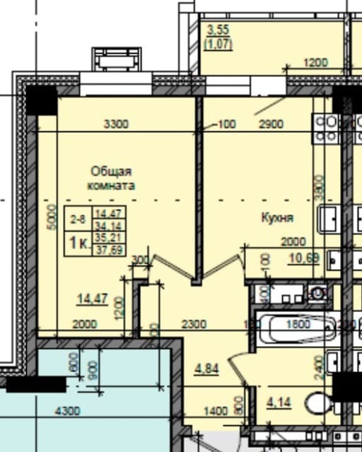1 комн., 35 м², Блочный, Автодорожная 2