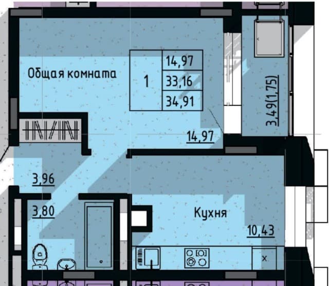 1 комн., Монолитно-каркасный, Поселок Газовиков 2