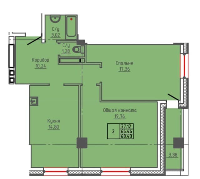 2 комн., 68 м², Монолитно-каркасный, Крестьянский рынок, стадион "Туймаада" 3