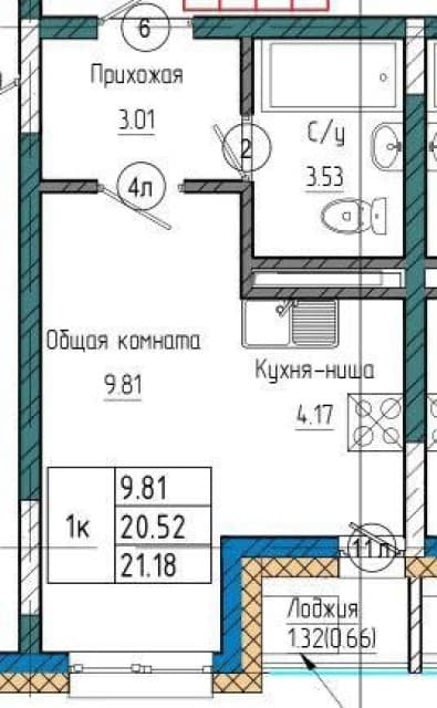 Студия, 21 м², Монолитно-каркасный 7