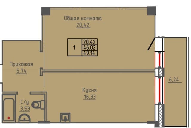 2 комн., 49 м², Монолитно-каркасный, Крестьянский рынок, стадион "Туймаада" 2