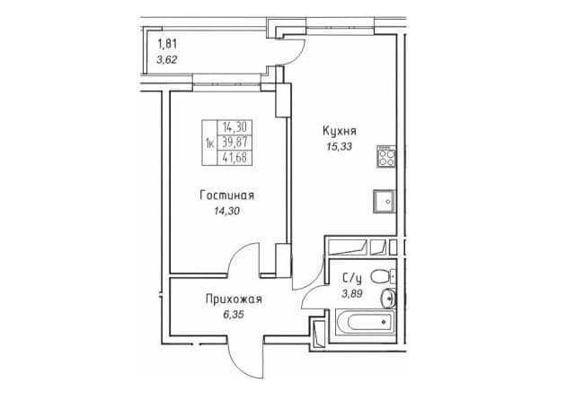 1 комн., Монолитно-каркасный, Прометей, ЖК 2