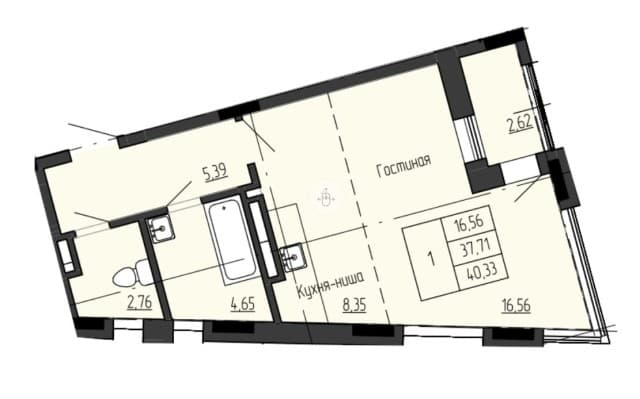 Студия, 40 м², Монолитно-каркасный, Залог 2