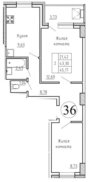 2 комн., 45 м², Монолитно-каркасный, ЯКСМК
