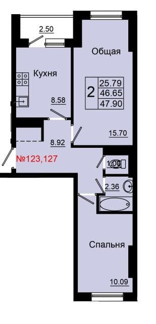 2 комн., 48 м², Монолитно-каркасный, Глазная больница 9
