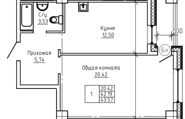 1 комн., 43 м², Монолитно-каркасный, Крестьянский рынок, стадион "Туймаада" 5