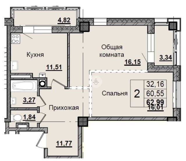 2 комн., 62 м², Монолитно-каркасный, Автодорожная 5