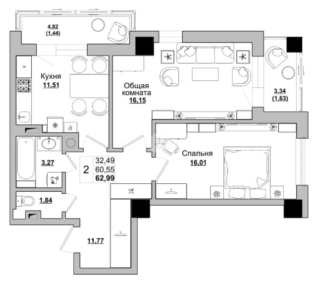 2 комн., 62 м², Монолитно-каркасный, Автодорожная 4