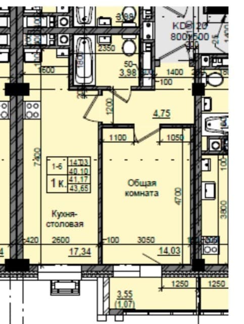1 комн., 43 м², Монолитно-каркасный, 11 квартал 7