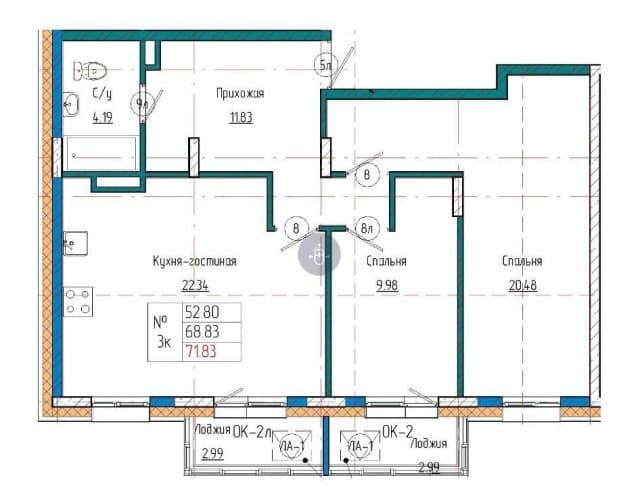 3 комн., Монолитно-каркасный, Авиапорт 5