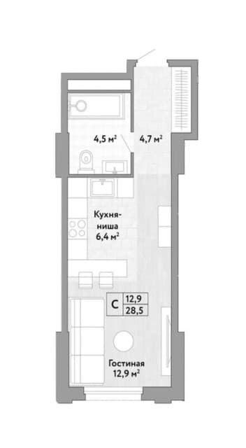 1 комн., Инд. планировка 2