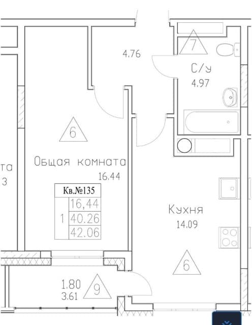 1 комн., Монолитно-каркасный, Автодорожная