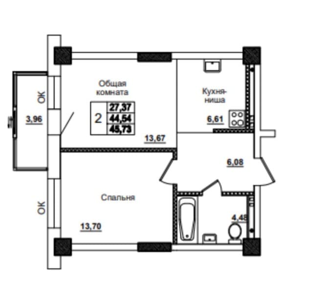 2 комн., 44 м², Блочный, Вилюйский тракт 3