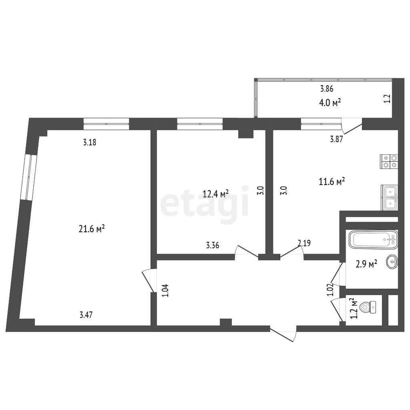 2 комн., 60 м², Инд. планировка 10