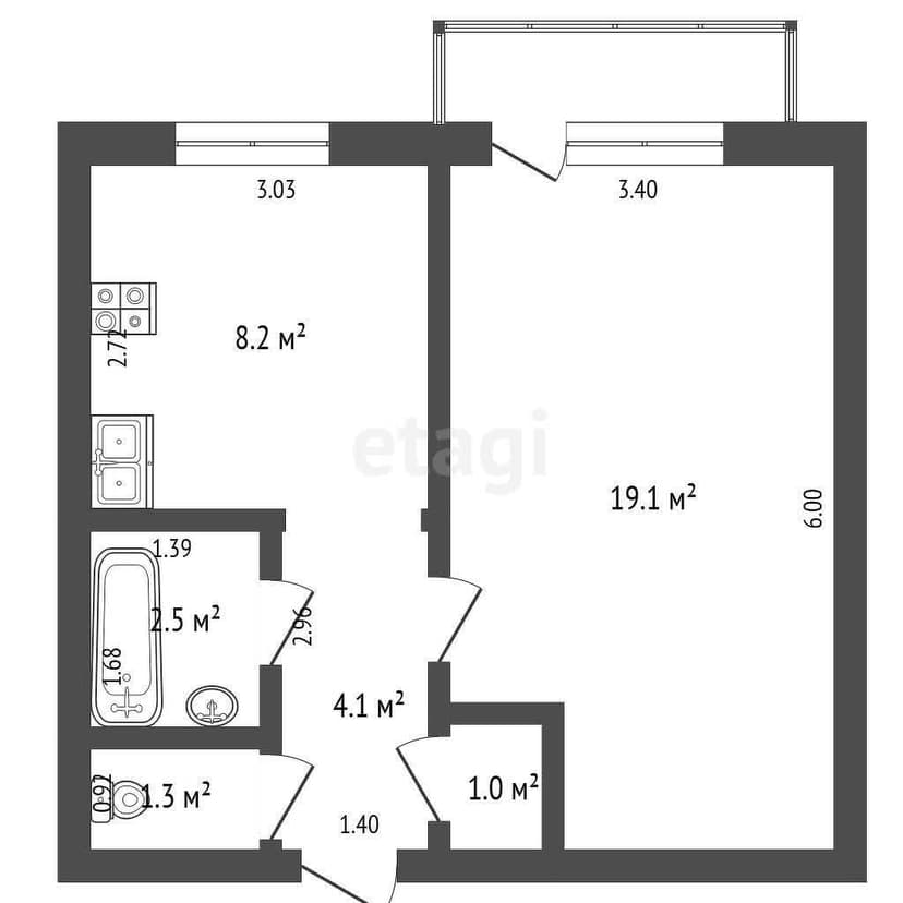 1 комн., 36 м², Инд. планировка 9