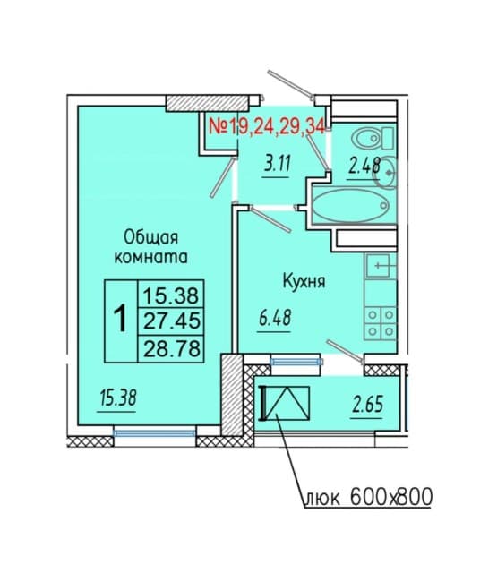 1 комн., 28 м², Монолитно-каркасный 7