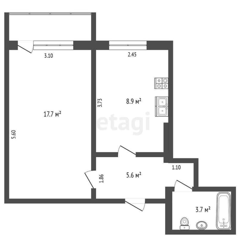 1 комн., 35 м², КПД 10