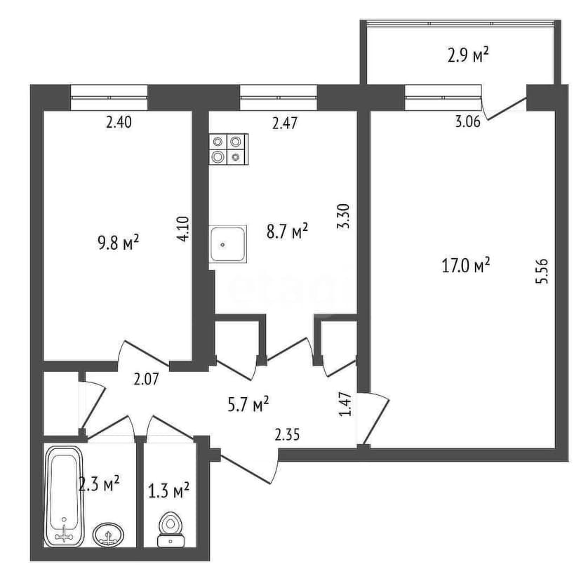 2 комн., 47 м², КПД 10
