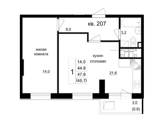 2 комн., 46 м², Инд. планировка 6