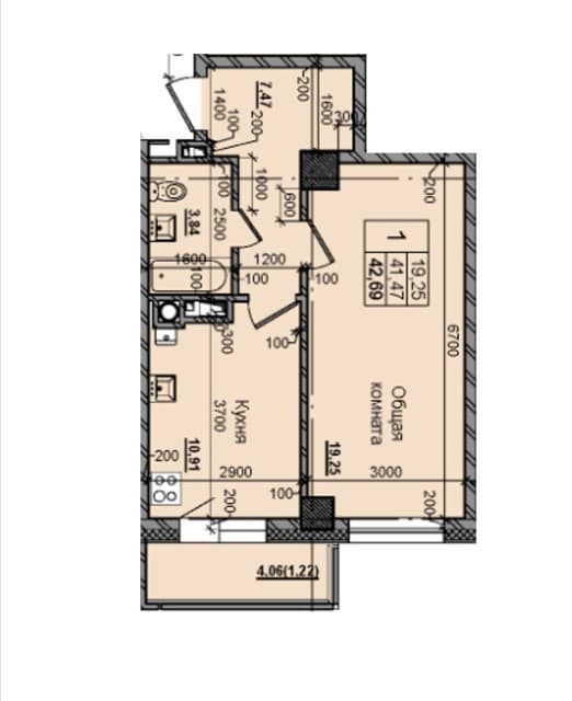 1 комн., 42 м², Монолитно-каркасный, Залог 2