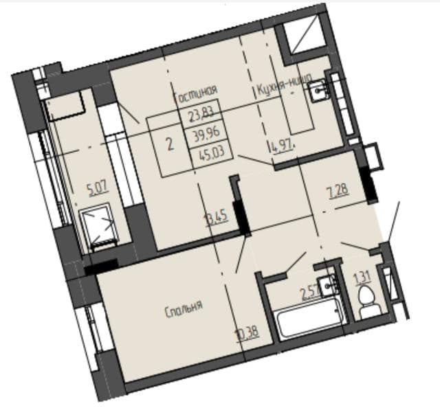 2 комн., 45 м², Монолитно-каркасный, Залог 2