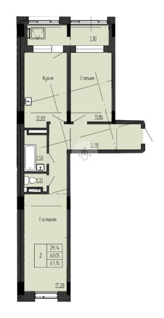 2 комн., 67 м², Монолитно-каркасный, Залог 2