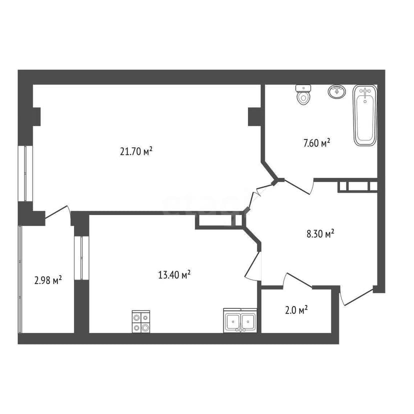 1 комн., 53 м², Монолитно-каркасный
