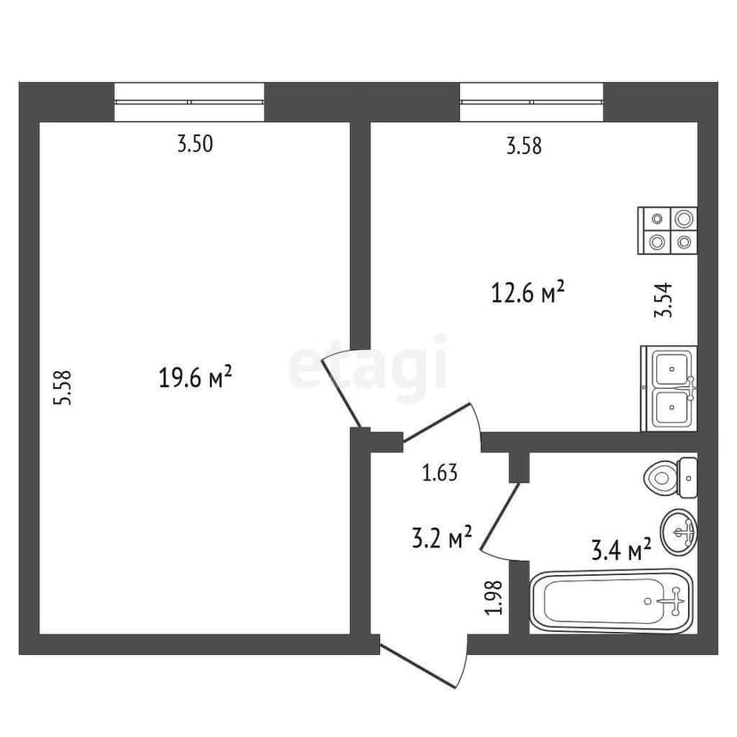 2 комн., 38 м², Инд. планировка 7