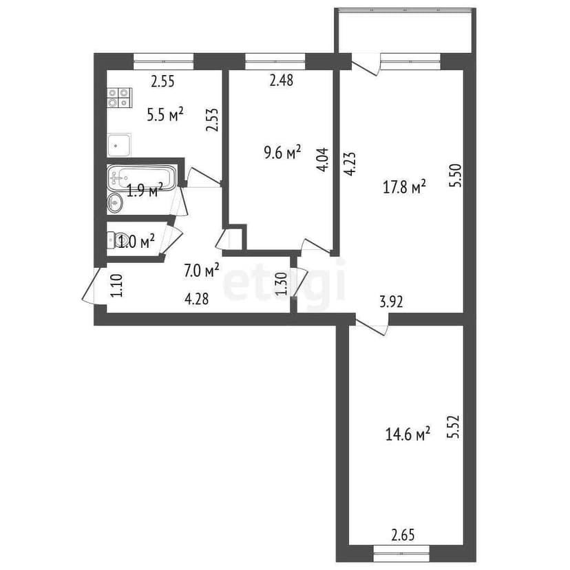 3 комн., 57 м², Хрущевка 5