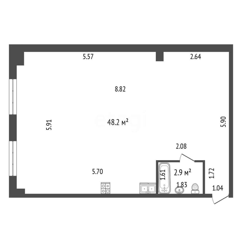 1 комн., 51 м², Инд. планировка 6