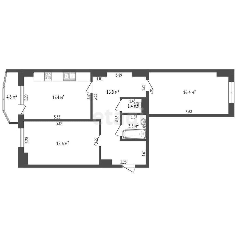 2 комн., 74 м², Монолитно-каркасный 10
