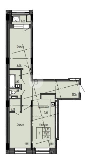 3 комн., 75 м², Монолитно-каркасный, Залог