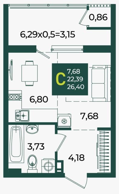 Студия, 27 м², Монолитно-каркасный