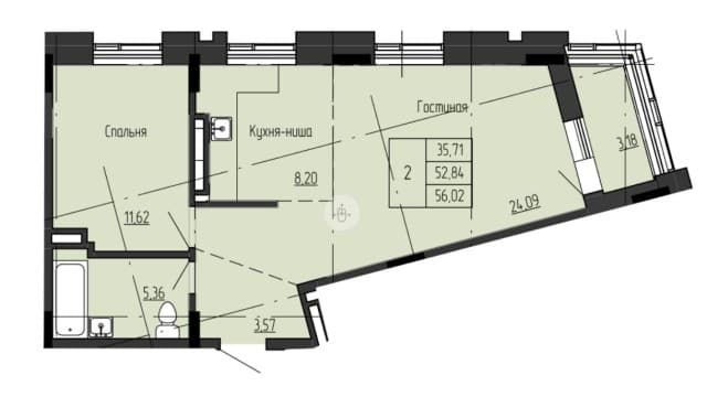 2 комн., 56 м², Монолитно-каркасный, Залог 2
